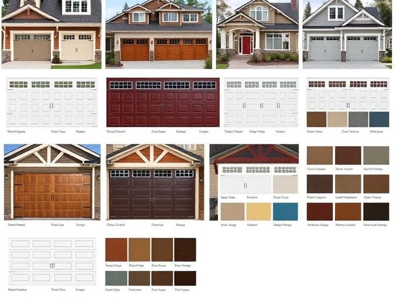 Various garage door color samples and home exterior examples