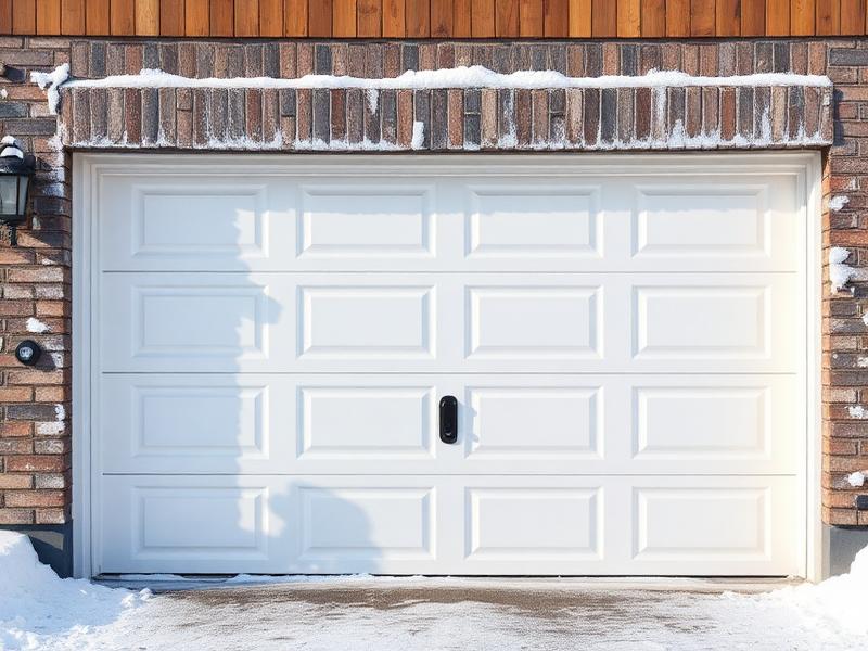 Garage door in winter with snow showing weatherstripping