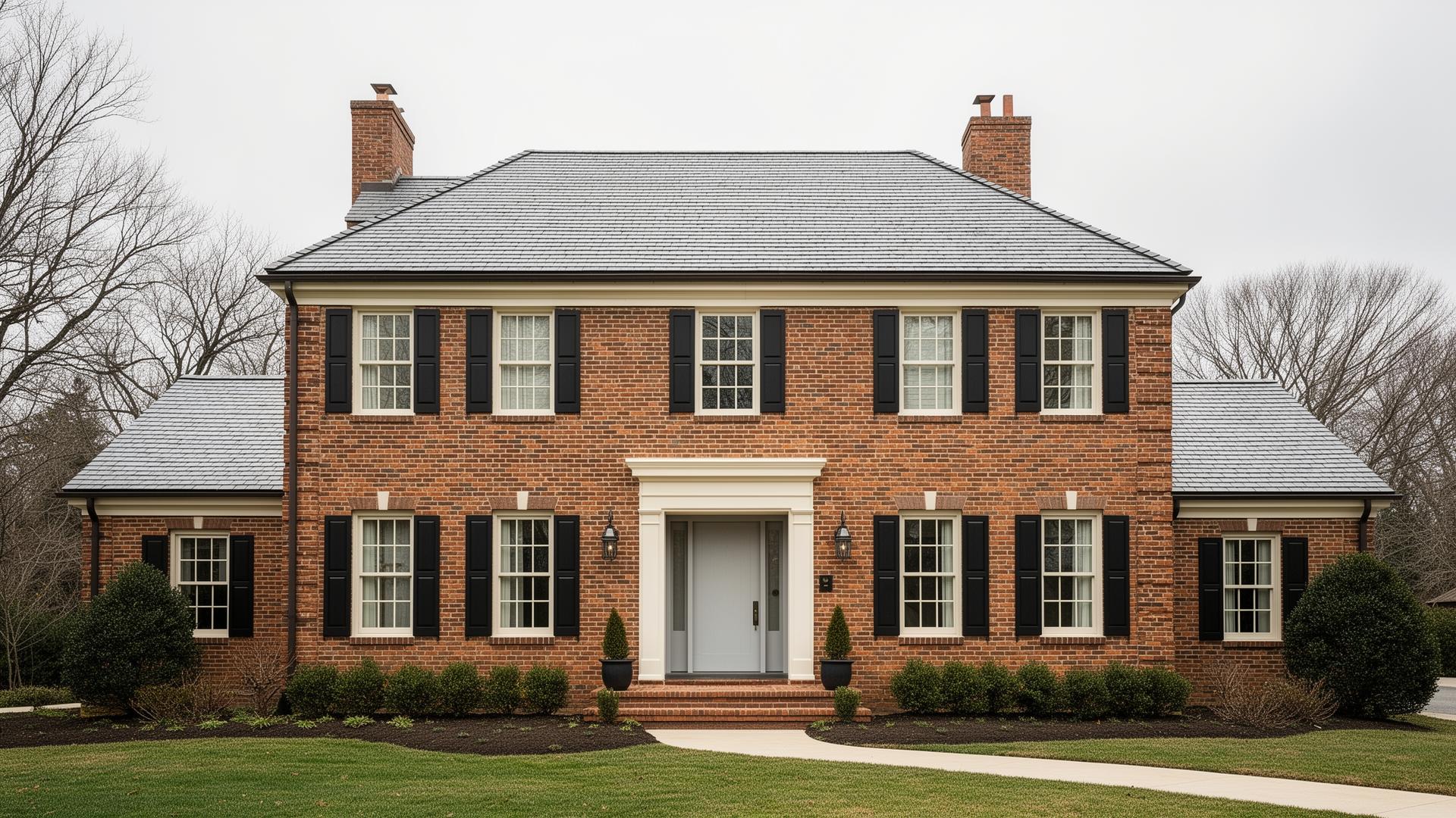 Professional garage door installation on elegant colonial home with modern flush panel doors