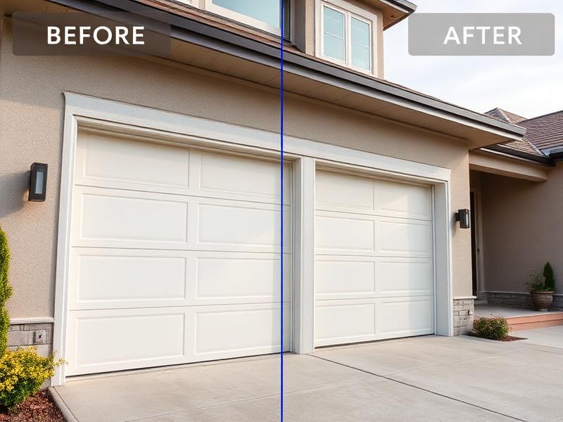Before and after garage door installation showing professional workmanship