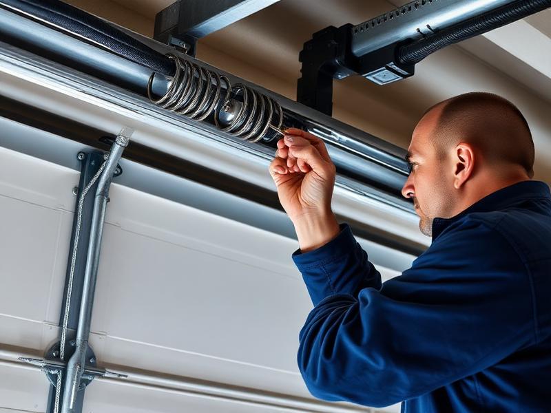 Professional technician performing garage door spring replacement repair